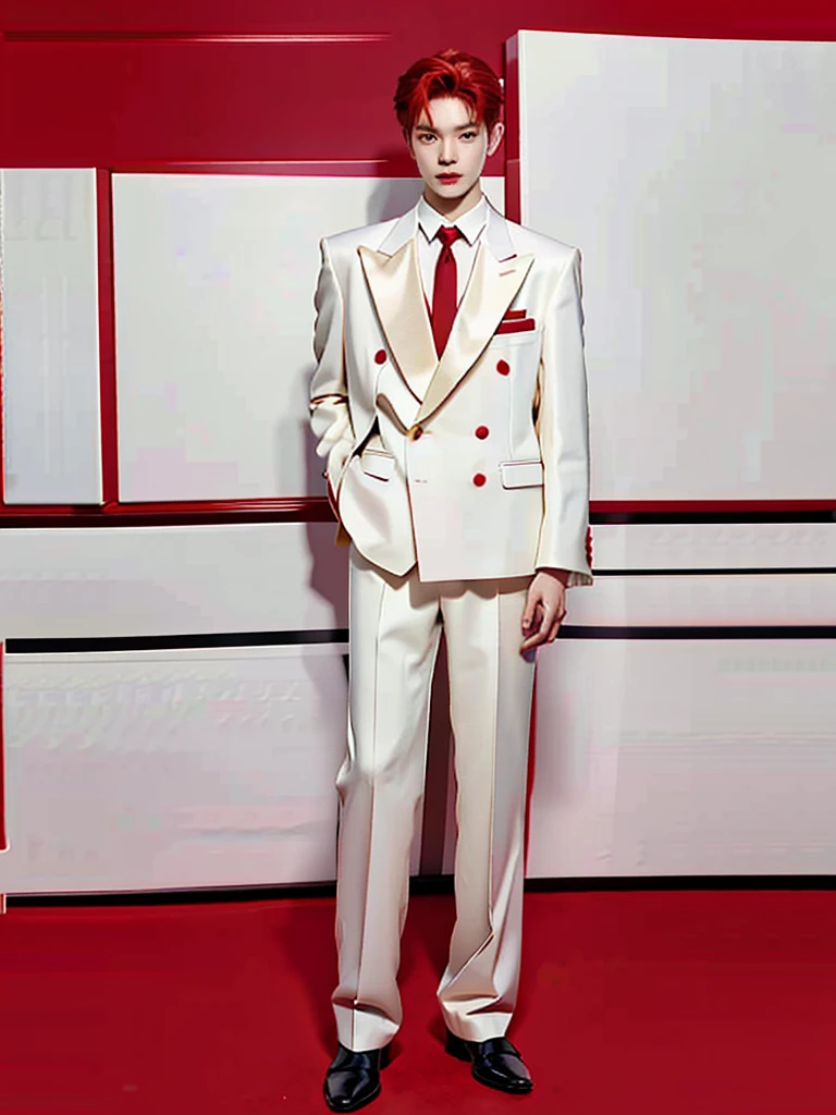 Full Body Photo 、 8K HD High Quality Image 、 Studio Background 、 Natural Face, Accurate 、Korean man 、 1 Taeyong from NCT U 、White skin 、 Red hair 、FULL red tuxedo set 、black shoes 、Standing in a Full Height from Head to toe 、Cool Korean man haircut 、Holding a rose 、NO MAKE UP 、Red FACE MASK 、Red fedora 、Red tuxedo pants 、Black necktie 