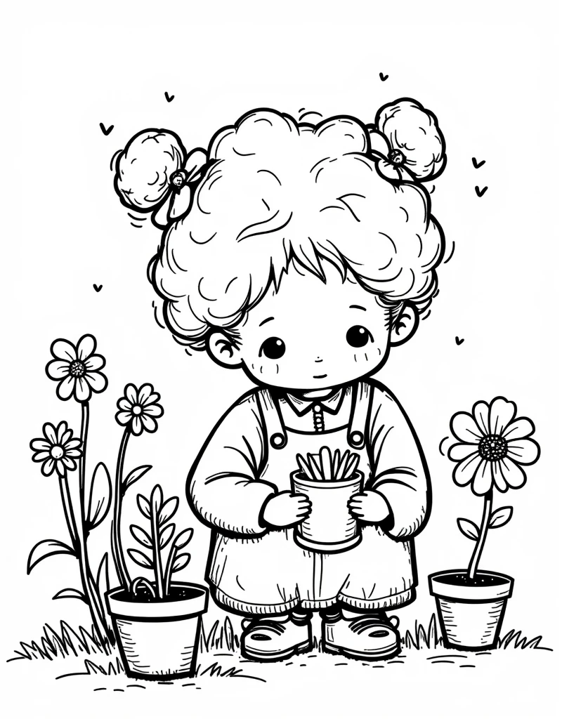 Create an enchanting high-resolution coloring page that features a whimsical cloud engaged in gardening. The charming cloud should be delicately planting different types of flowers and plants, exuding an atmosphere of innocence and wonder. This heartwarming scene should be designed to encourage children to explore their emotions, imagination and creativity. The image should be suitable for both printing and online sharing, crafted with the intention of bringing joy and happiness to children.