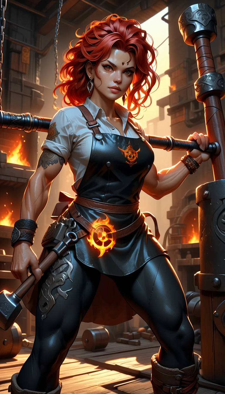 1woman, goddess of the forge, Hephaestus, ((blacksmith woman)), middle-aged woman in her 40s, ((high resolution)), intricately detailed facial features, detailed piercing eyes, refined jawline, masterpiece, 8k, UHD, HDR, ((hyper realistic)), overhead swing pose, cinematic lighting, dramatic shadows, warm color tones, intricate details, hyper-detailed, toned muscle physique, ((wavy hair, red, with black tips), burn scars on chest and arms, (wearing leather apron, apron with glowing symbols), (button up shirt, tight, black) , (leggings, skintight, white), (work boots, flat heeled, black), ((swings a huge smithy hammer in one hand over her head)), smith's hammer glows, standing in front an angelic anvil, (set inside a massive automated factory:1.37), battle hammer, (spl1th41r, two tone hair, red/black hair)