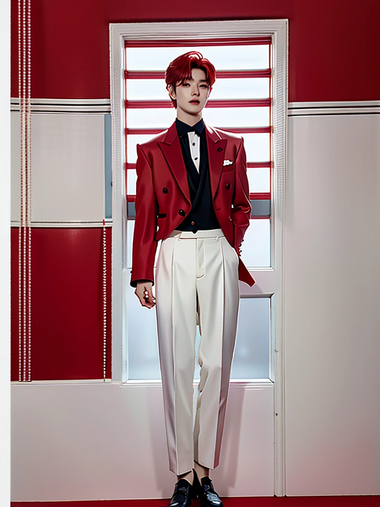 Full Body Photo 、 8K HD High Quality Image 、 Studio Background 、 Natural Face, Accurate 、Korean man 、 1 Taeyong from NCT U 、White skin 、 Red hair 、FULL red tuxedo set 、black shoes 、Standing in a Full Height from Head to toe 、Cool Korean man haircut 、Holding a rose 、NO MAKE UP 、Red FACE MASK 、Red fedora 、Red tuxedo pants 、Black necktie 