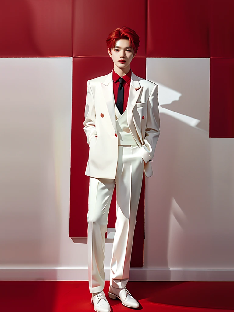 Full Body Photo 、 8K HD High Quality Image 、 Studio Background 、 Natural Face, Accurate 、Korean man 、 1 Taeyong from NCT U 、White skin 、 Red hair 、FULL red tuxedo set 、black shoes 、Standing in a Full Height from Head to toe 、Cool Korean man haircut 、Holding a rose 、NO MAKE UP 、Red FACE MASK 、Red fedora 、Red tuxedo pants 、Black necktie 