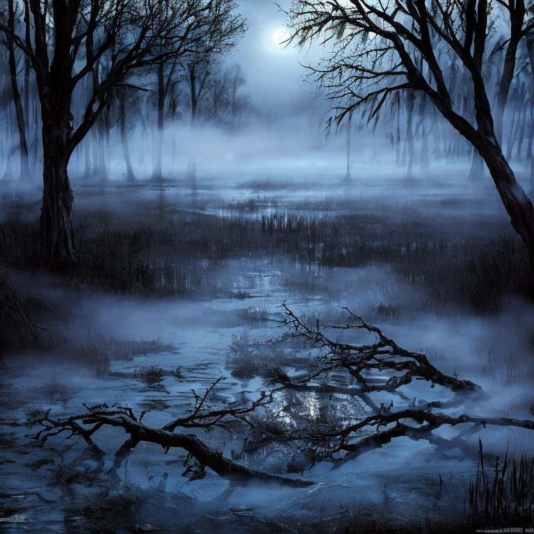 (masterpiece:1.2), (Best quality,:1.2), 8K, HDR, Supene, ((Realism)), Professional lighting, Cinematic lighting, Fashion Photography, Ambient Lighting, Dangerous Swamp, Dead Tree, FOG, Magical moonlight, Fanswa, ((Perfect hands)), epiC Photos