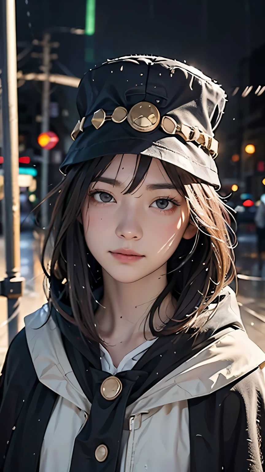 (Highest quality:1.3)、 (Photorealistic)、In the dim city、(Heavy rain:1.37)、(In an empty city)、(I can see big raindrops)、(Raindrop effect:1.5)、、(Wear a brimless tubular hat:1.3)、(A shadowy, misty being wearing a cloak))、Despair and loneliness、The only person in the world、A beautiful girl with a mysterious aura、Irregular streetscape、Absurd、Twisted World、