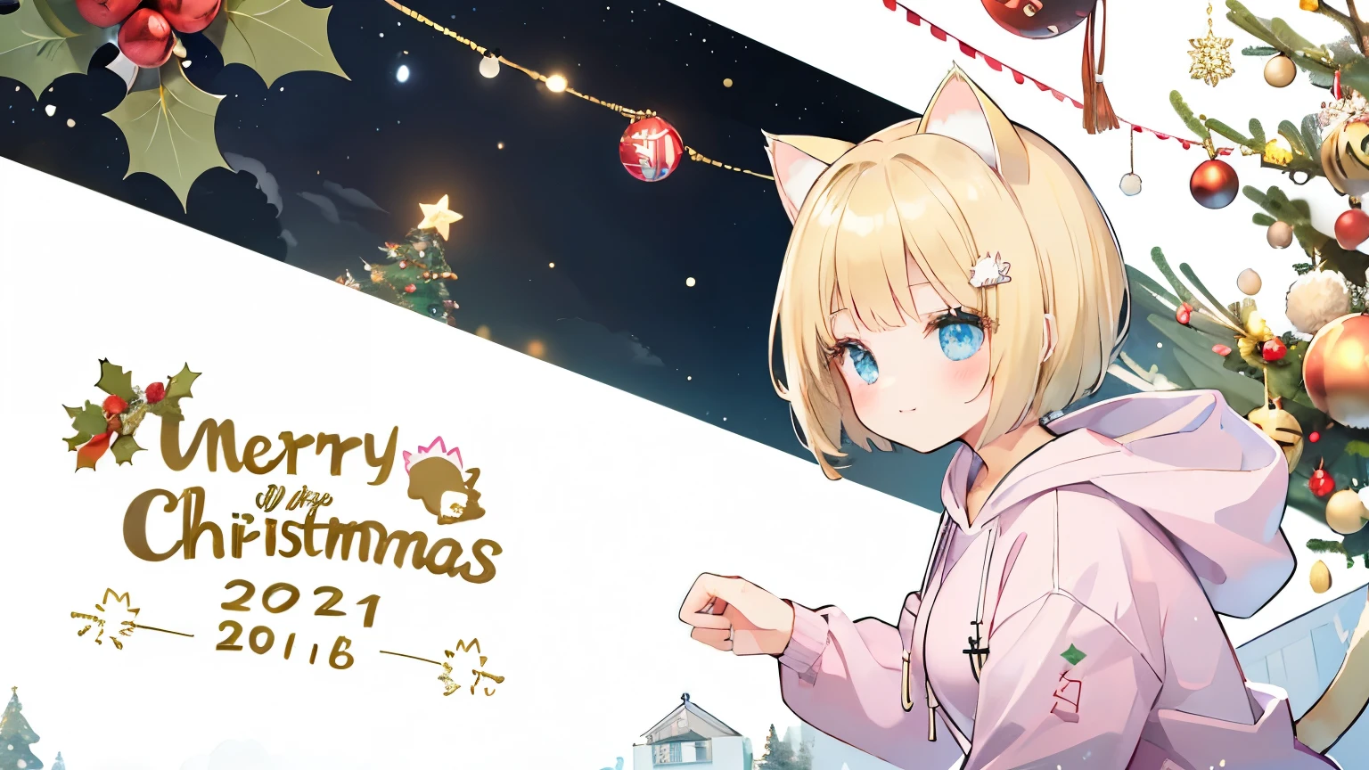  from a distance, (distant view:1.8), (dynamic angle:1.8), dynamic pose, Blonde hair, (Graduation short hair:1.6), a girl in a pink hoodie, Christmas art style, Christmas theme, Christmas celebration, Christmas atmosphere, Christmas scene, Christmas night, detailed art in color, , Christmas wallpaper with reindeer, large view, kawacy, holy night, maplestory, short hair, bright blue eyes, big white hair ornament, (Blonde cat ears:1.6), pink hoodie, denim shorts, black sneakers,