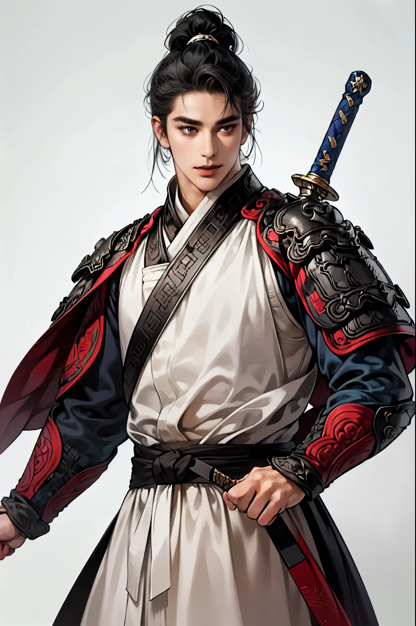 A handsome young man, A relaxed smile,Sharp jawline, (Captivating dark eyes), Thin eyebrows,Gentle features,Egg-shaped contour,Lean and Lanky,(Perfectly styled hair,Long black hair:1.3),((Silver armor with exquisite engravings that are works of art,Has a long sword:1.3,He is holding out one hand and giving a command.:1.1, Heroes of the Three Kingdoms:1.1)),Best Quality,4K,8k,High resolution,masterpiece,Super detailed,Photorealistic Style,((White Background:1.3,simple background:1.3)),Cowboy Shot