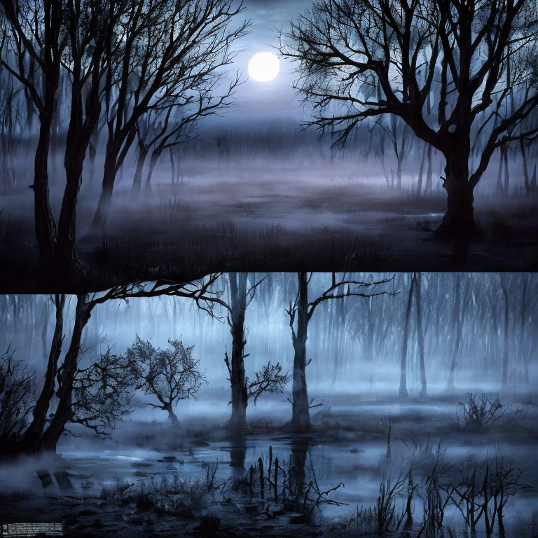 (masterpiece:1.2), (Best quality,:1.2), 8K, HDR, Supene, ((Realism)), Professional lighting, Cinematic lighting, Fashion Photography, Ambient Lighting, Dangerous Swamp, Dead Tree, FOG, Magical moonlight, Fanswa, ((Perfect hands)), epiC Photos