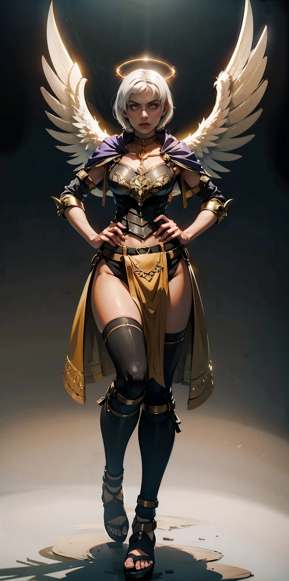 (White background) paladin lady in ornate golden armor, black collar, pauldrons, breastplate, leather corset, glowing halo, short bob hair style, yellow glowing eyes, bright pupils, eye focus, red cape (full body, whole body, 1solo girl) fighter, loincloth standing, hands on hips, metal sandals, leather choker, big belt, view from below, feet together, bracers, tiara, feathers angel wings