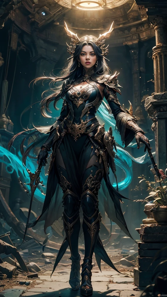 dark fantasy and steampunk atmosphere, 1 girl is hard-boiled, inverted triangle and nihil face, elaborate costumes, walking, fountain pen drawing, glass paint coloring, high contrast, professional artwork, slim body, order and chaos landscape background with intricate surface detail, swirling vortexes, extremely beautiful art, multilayered,