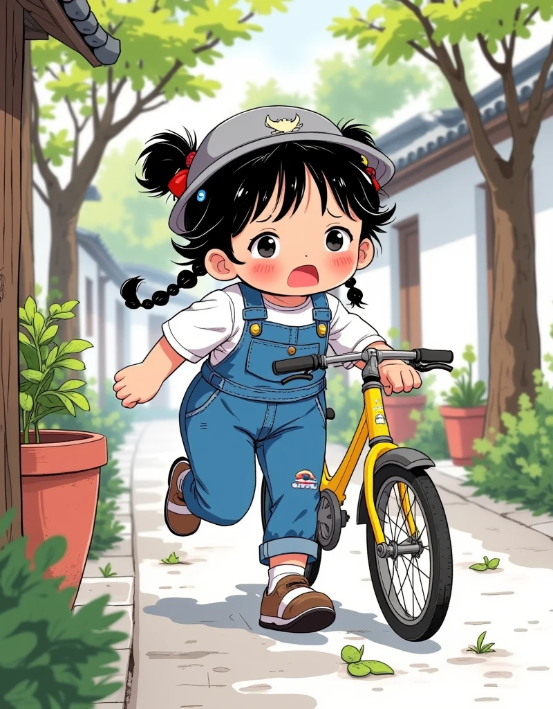 Surrealism，The idea that does not exist，Real scenes combined with CG，Real texture。Create an illustration in the style of blind box toys featuring a chubby  with a gray hat. She is wearing denim overalls, a white shirt, and has a chubby face. The girl is shown running while pushing a yellow bicycle, with an anxious expression and sweat beads on her face. The scene should have depth of field, with a bokeh effect the background, rendered in a 3D style using C4D from a side perspective，Dark Night Glow，Minimalism，Deep sense of space，Semi-transparent，Hazy and beautiful atmosphere light，Cute and charming，Rembrandt Light，BY Yayoi Kusama