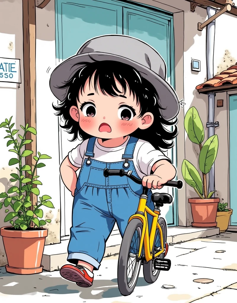 Surrealism，The idea that does not exist，Real scenes combined with CG，Real texture。Create an illustration in the style of blind box toys featuring a chubby  with a gray hat. She is wearing denim overalls, a white shirt, and has a chubby face. The girl is shown running while pushing a yellow bicycle, with an anxious expression and sweat beads on her face. The scene should have depth of field, with a bokeh effect the background, rendered in a 3D style using C4D from a side perspective，Dark Night Glow，Minimalism，Deep sense of space，Semi-transparent，Hazy and beautiful atmosphere light，Cute and charming，Rembrandt Light，BY Yayoi Kusama