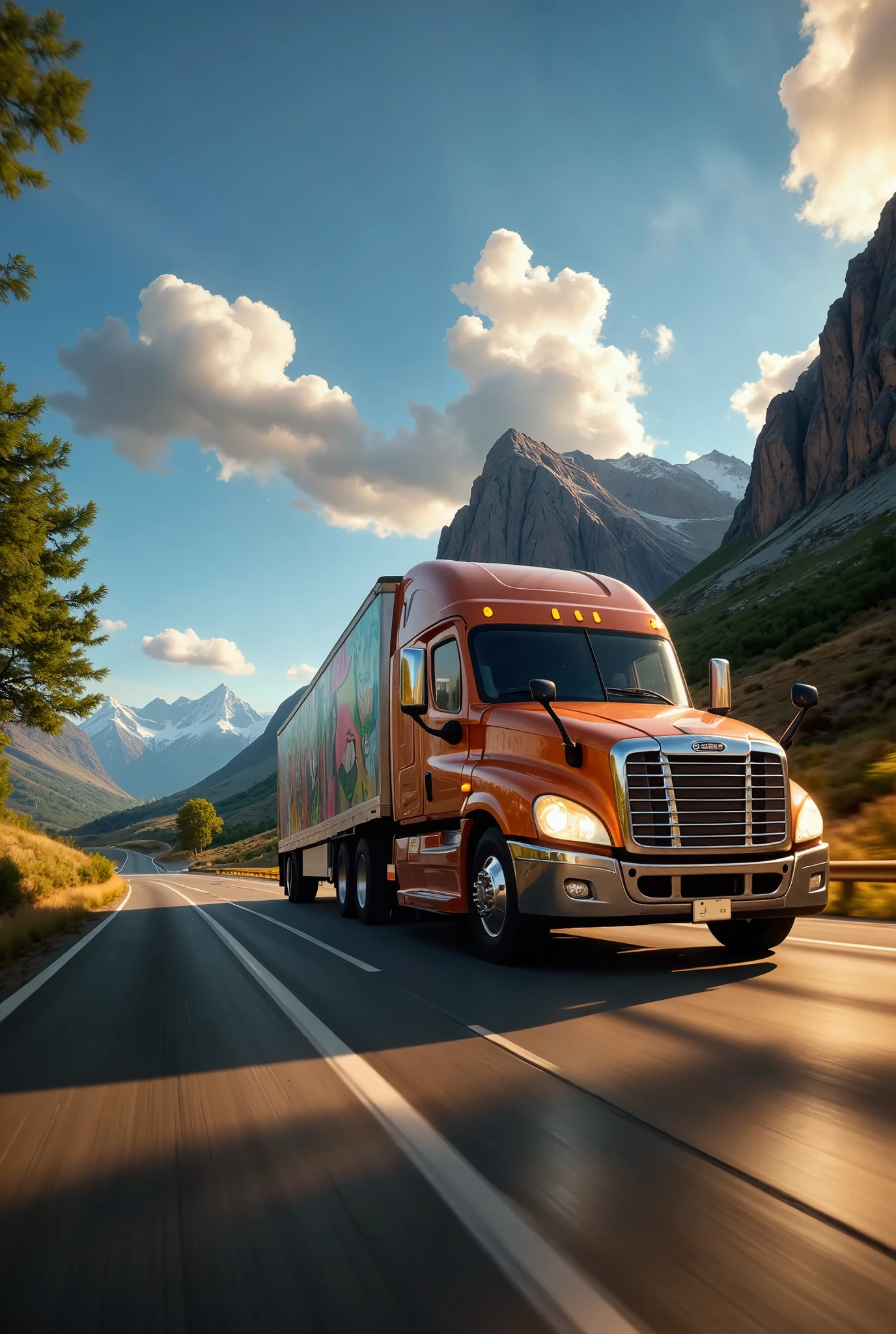 a breathtaking, photorealistic 8K image of a semi-trailer truck driving along a scenic landscape, with vibrant artwork covering the entire side of the trailer. Inspired by the hyperrealistic style of landscape artists like Albert Bierstadt and contemporary automotive photographers, the scene should capture the perfect balance between modern technology and the natural beauty of the world. The semi-trailer truck, gleaming in the sunlight, moves smoothly along a winding road surrounded by towering mountains, rolling green fields, and a clear, blue sky. The trailer is adorned with intricate, colorful artwork featuring nature, animals, and abstract designs that enhance the visual harmony with the environment.

The angle should be a low, wide-angle shot from the side, allowing the viewer to see both the full length of the truck and the vast, stunning landscape in the background. Rays of sunlight reflect off the truck’s polished surfaces and the vibrant colors of the trailer’s art, casting long shadows and adding depth to the scene.

For realism, use a Canon EOS R5 with a Canon RF 15-35mm f/2.8L lens to capture sharp details, from the texture of the truck's painted artwork to the crisp leaves of the trees lining the road. The lighting should be natural and warm, capturing the golden hour glow that enhances the landscape’s beauty and the colors of the trailer’s artwork. The image should evoke a sense of motion, freedom, and the blending of artistic expression with functional design, all set in a breathtaking natural environment.