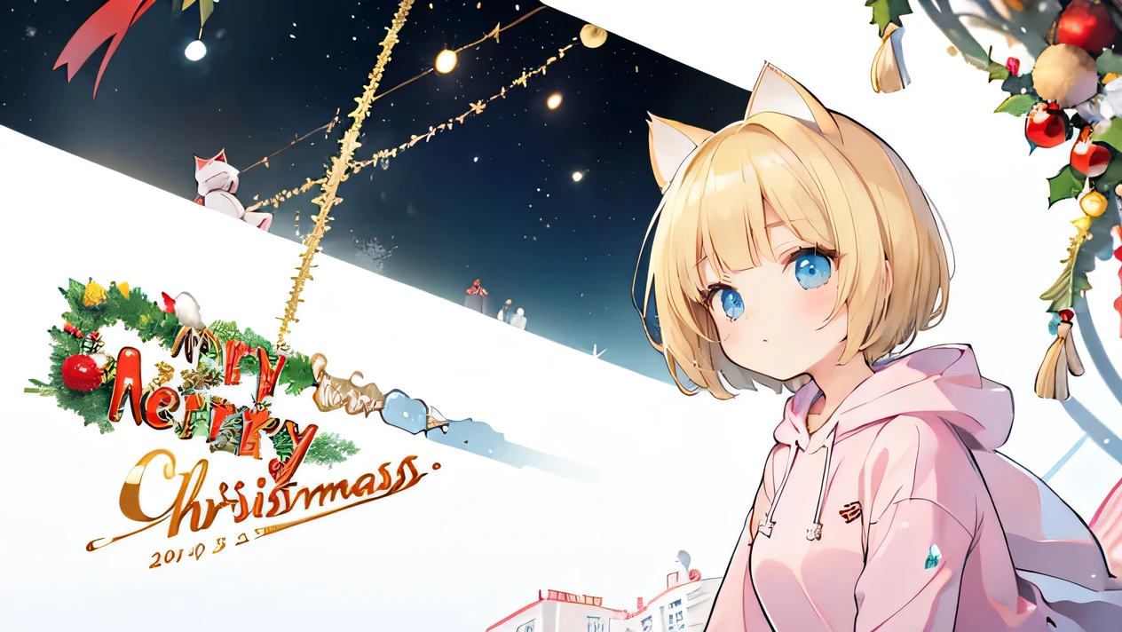  from a distance, (distant view:1.8), (dynamic angle:1.8), dynamic pose, Blonde hair, (Graduation short hair:1.6), a girl in a pink hoodie, Christmas art style, Christmas theme, Christmas celebration, Christmas atmosphere, Christmas scene, Christmas night, detailed art in color, , Christmas wallpaper with reindeer, large view, kawacy, holy night, maplestory, short hair, bright blue eyes, big white hair ornament, (Blonde cat ears:1.6), pink hoodie, denim shorts, black sneakers,