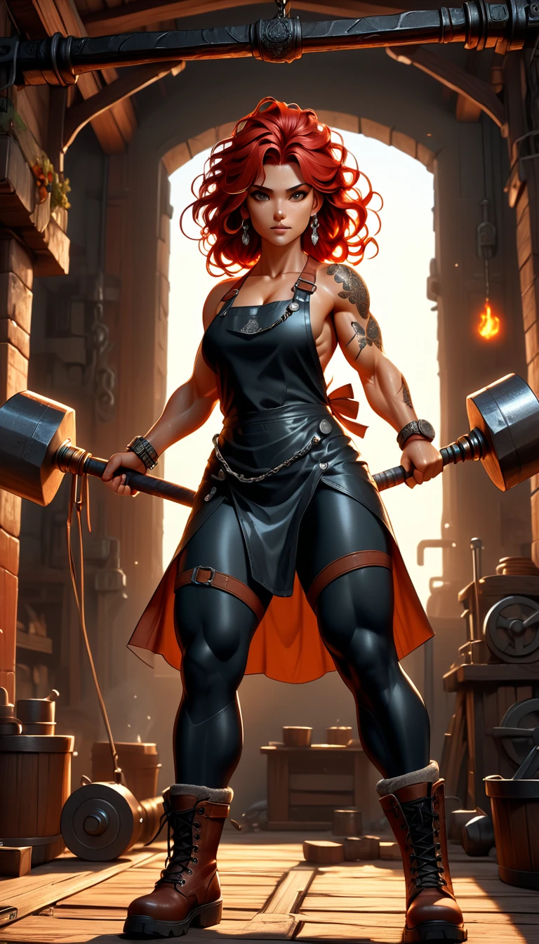 1woman, goddess of the forge, Hephaestus, ((blacksmith woman)), middle-aged woman in her 40s, ((high resolution)), intricately detailed facial features, detailed piercing eyes, refined jawline, masterpiece, 8k, UHD, HDR, ((hyper realistic)), overhead swing pose, cinematic lighting, dramatic shadows, warm color tones, intricate details, hyper-detailed, toned muscle physique, ((wavy hair, medium length, red with black tips), burn scars on chest and arms, (wearing leather apron, apron with glowing symbols), (button up shirt, tight, black) , (yoga pants, skintight, white), (work boots, flat heeled, black), ((swings a huge smithy hammer in one hand over her head)), smith's hammer glows, standing in front an angelic anvil, (set inside a massive automated factory:1.37), battle hammer, (spl1th41r, two tone hair, red/black hair)