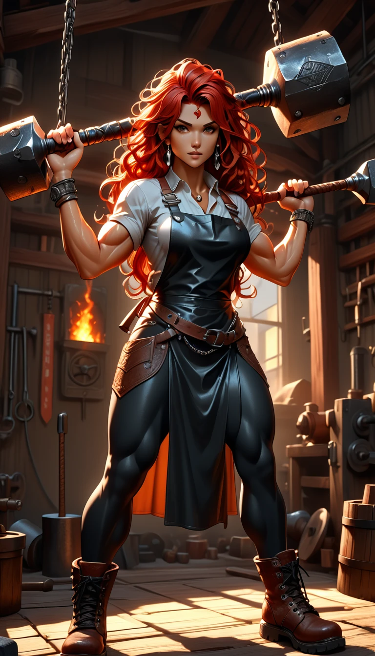 1woman, goddess of the forge, Hephaestus, ((blacksmith woman)), middle-aged woman in her 40s, ((high resolution)), intricately detailed facial features, detailed piercing eyes, refined jawline, masterpiece, 8k, UHD, HDR, ((hyper realistic)), overhead swing pose, cinematic lighting, dramatic shadows, warm color tones, intricate details, hyper-detailed, toned muscle physique, ((wavy hair, medium length, red with black tips), burn scars on chest and arms, (wearing leather apron, apron with glowing symbols), (button up shirt, tight, black) , (yoga pants, skintight, white), (work boots, flat heeled, black), ((swings a huge smithy hammer in one hand over her head)), smith's hammer glows, standing in front an angelic anvil, (set inside a massive automated factory:1.37), battle hammer, (spl1th41r, two tone hair, red/black hair)