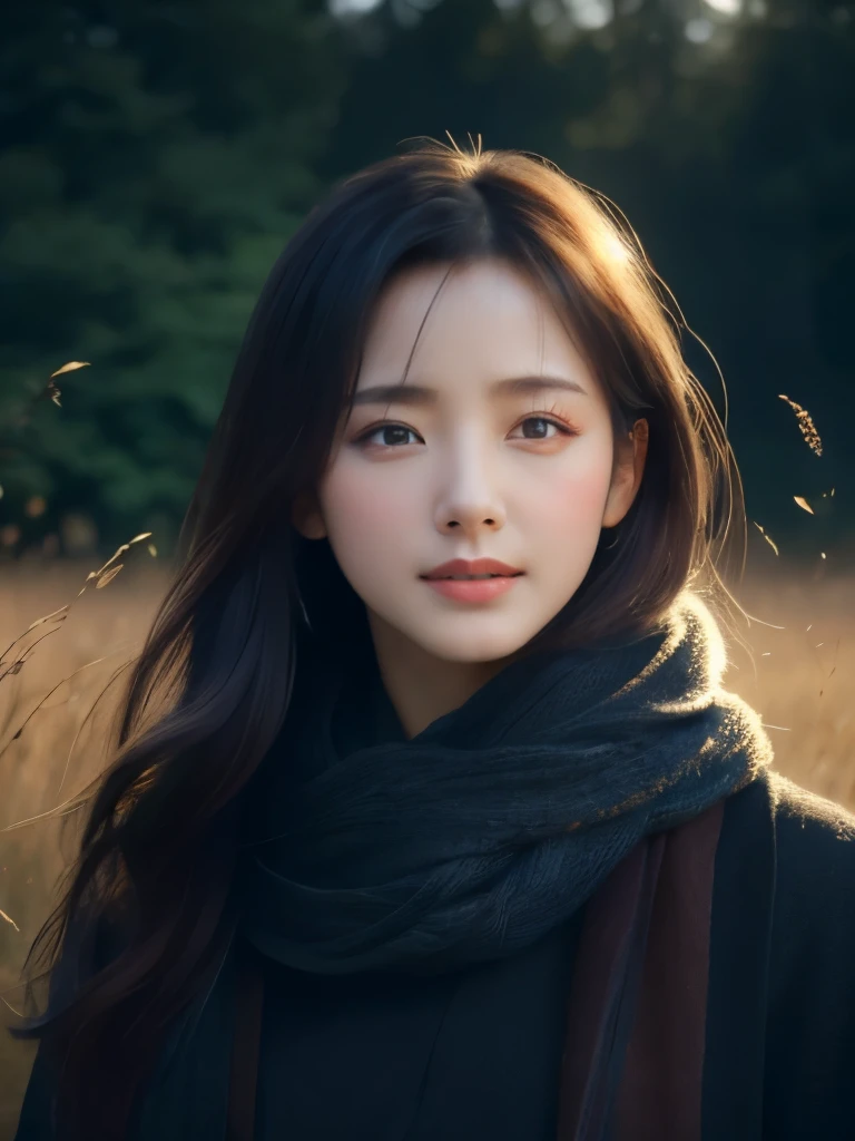 8K, best quality, masterpiece, realistic, ultra detail, photo realistic, Increase quality,
a photo of a girl standing in a field with a scarf, in the style of dark and brooding designer, voluminous mass, photobash, serene faces, jagged edges, navy, natural beauty,