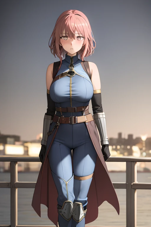 Masterpiece, best quality, ultra detailed, illustration, lighting epic, cinematic composition, 1 girl, Shinju Inui, pink hair, big breasts, pink eyes, bright eyes, blushing, closed mouth, full body, Black Collar, Tall, Thin, Shock Collar, Black Gloves, Black Chest Harness Belt, Light Blue Wrist Guards, Sleeveless, Light Blue Likeness Suit, Light Blue Suit With An Emblem, Orange Circular Emblem On Chest, Orange Emblem, Light Blue Pants, Gray Knee Pads, Metallic Light Blue Boots, Black Superhero Belt, City Background, Standing On A Pier By The Sea During Daytime, Anime