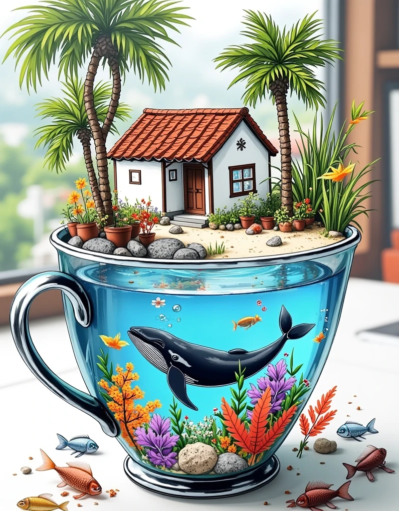 micro world, micro lens, isometric view, chale style house on tropical beach, ocean inside a big milk cup on the table. Small sea creatures inside the cup, underwater plants inside the cup, fish inside the cup, a whale inside the cup, masterpiece, best quality, realistic, high quality, lifelike works, ultra high details, 4k, genuine leather materials, 1smgf1