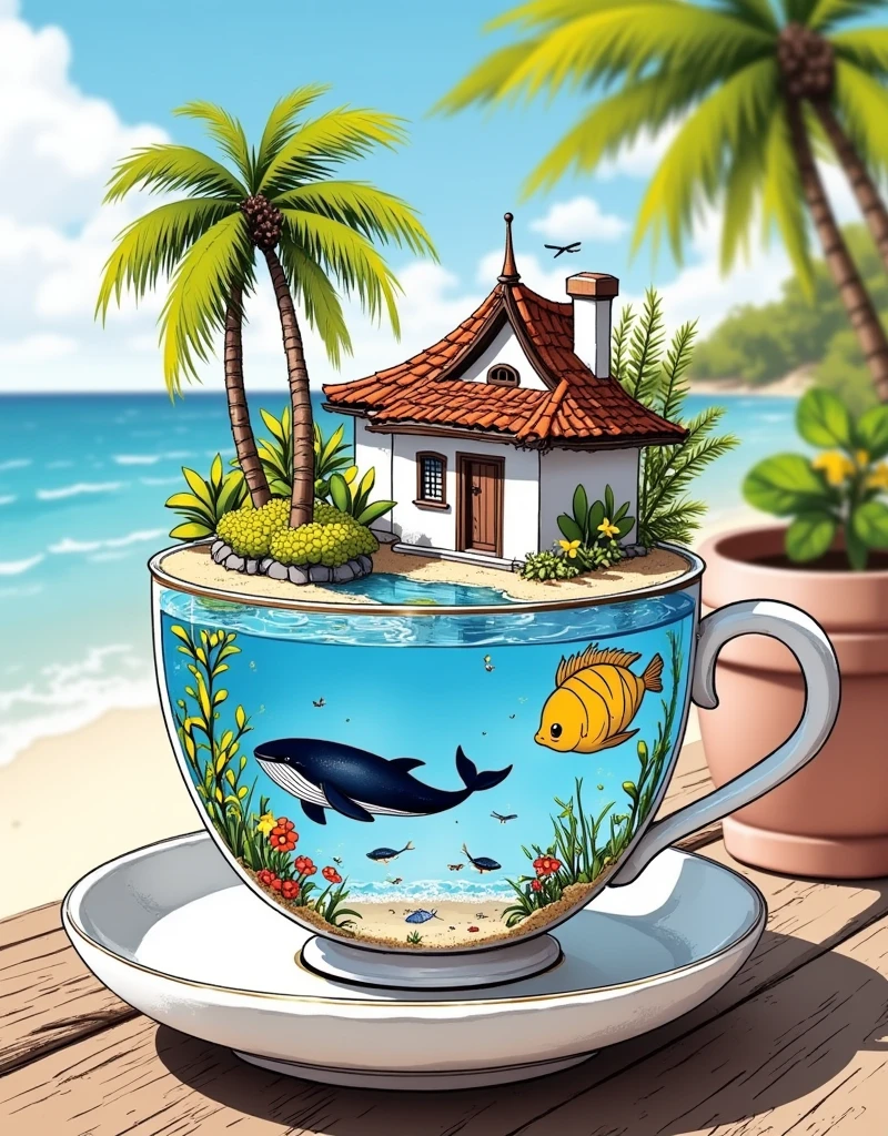 micro world, micro lens, isometric view, chale style house on tropical beach, ocean inside a big milk cup on the table. Small sea creatures inside the cup, underwater plants inside the cup, fish inside the cup, a whale inside the cup, masterpiece, best quality, realistic, high quality, lifelike works, ultra high details, 4k, genuine leather materials, 1smgf1