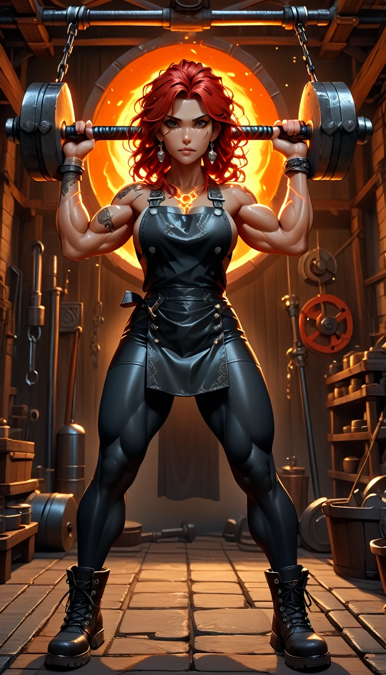 1woman, goddess of the forge, Hephaestus, ((blacksmith woman)), middle-aged woman in her 40s, ((high resolution)), intricately detailed facial features, detailed piercing eyes, refined jawline, masterpiece, 8k, UHD, HDR, ((hyper realistic)), overhead swing pose, cinematic lighting, dramatic shadows, warm color tones, intricate details, hyper-detailed, toned muscle physique, ((wavy hair, medium length, red with black tips), burn scars on chest and arms, (wearing leather apron, apron with glowing symbols), (button up shirt, tight, black) , (yoga pants, skintight, white), (work boots, flat heeled, black), ((swings a huge smithy hammer in one hand over her head)), smith's hammer glows, standing in front an angelic anvil, (set inside a massive automated factory:1.37), battle hammer, (spl1th41r, two tone hair, red/black hair)