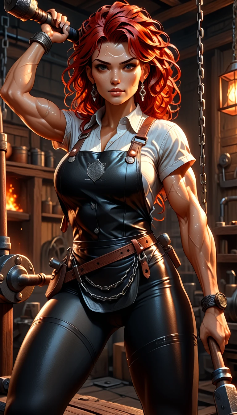 1woman, goddess of the forge, Hephaestus, ((blacksmith woman)), middle-aged woman in her 40s, ((high resolution)), intricately detailed facial features, detailed piercing eyes, refined jawline, masterpiece, 8k, UHD, HDR, ((hyper realistic)), overhead swing pose, cinematic lighting, dramatic shadows, warm color tones, intricate details, hyper-detailed, toned muscle physique, ((wavy hair, medium length, red with black tips), burn scars on chest and arms, (wearing leather apron, apron with glowing symbols), (button up shirt, tight, black) , (yoga pants, skintight, white), (work boots, flat heeled, black), ((swings a huge smithy hammer in one hand over her head)), smith's hammer glows, standing in front an angelic anvil, (set inside a massive automated factory:1.37), battle hammer, (spl1th41r, two tone hair, red/black hair)