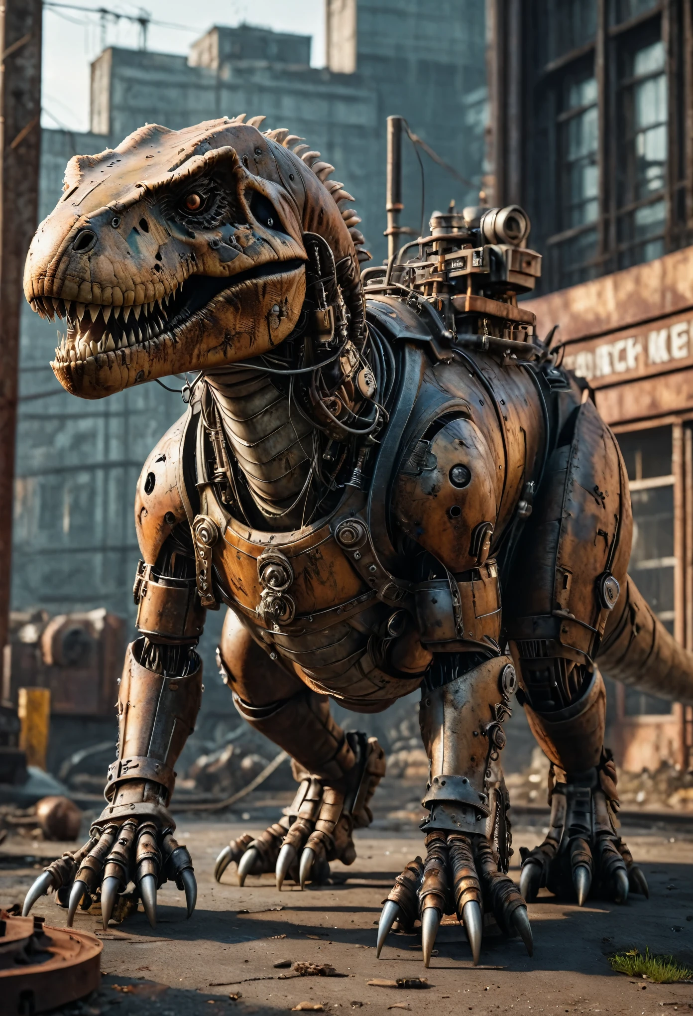 cinematic photo Mechanical cyborg (T-rex), (((steampunk))), rusty old armor, old metal, robot, (((full body visible))), wires, realistic, creepy, scary, cables, post apocalyptic city background, glaring at viewer, portrait, photography, detailed texture, realistic, photo-realistic, 8k, highly detailed, full length frame, High detail RAW color art, piercing, diffused soft lighting, shallow depth of field, sharp focus, hyperrealism, cinematic lighting ais-abandz . 35mm photograph, film, bokeh, professional, 4k, highly detailed