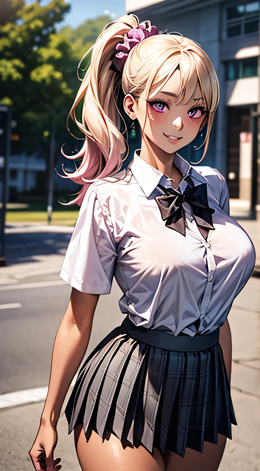 (masterpiece、Highest quality、Very detailed))、One girl、gyaru、((Brown skin:1.3))、Blonde、Long Hair、blunt bangs、Wavy Hair、Grey Eyes、evil smile、((open mouth))、((tongue out))、((lots of piercing))、medium Breasts、((open white collar shirt))、necklace、(Pink satin bra with black lace)、((Black pleated skirt))、((micro mini skirt))、Thick thighs、
clasping the breasts with both arms to emphasize cleavage, slouch:1.3,
A huge intersection, a huge building visible in the distance, a glass building, electronic bulletin boards, traffic lights, street trees, lots of people, a blurred distant view, Cowboy Shot