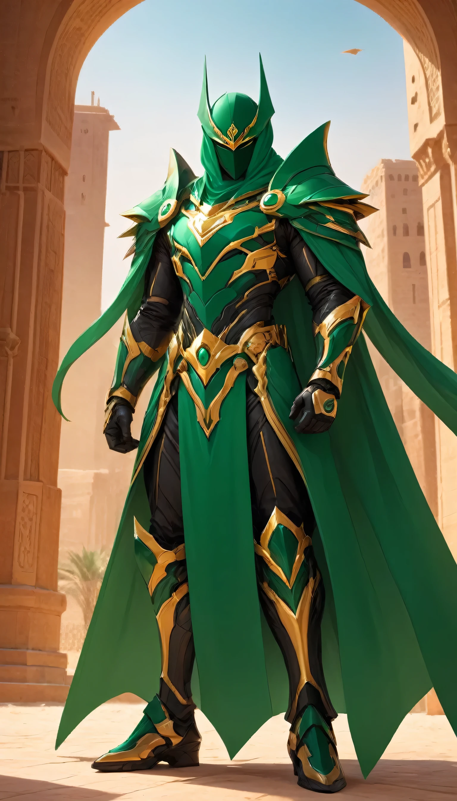Create a wide-shot illustration of a realistic male superhero inspired by the culture, mythology, and colors of Saudi Arabia. His costume is a fusion of iconic DC character elements, featuring a sleek, tactical, and technologically advanced design. The outfit integrates traditional Saudi Arabian patterns, like intricate geometric designs and calligraphic motifs, with cutting-edge, armor-like materials, creating a harmonious blend of ancient symbolism and futuristic style. The superhero’s primary colors are deep greens, blacks, and golds, representing the cultural essence of Saudi Arabia, with accents of silver and desert tones to enhance a modern aesthetic. He stands in a dynamic, heroic pose, surrounded by a landscape that merges a high-tech cityscape with sprawling desert dunes and the towering presence of a historic fortress. The lighting highlights the fine details of his attire, reflecting strength, cultural pride, and a sense of advanced technology. The scene should evoke a balance between tradition and innovation, exuding power and mystique."