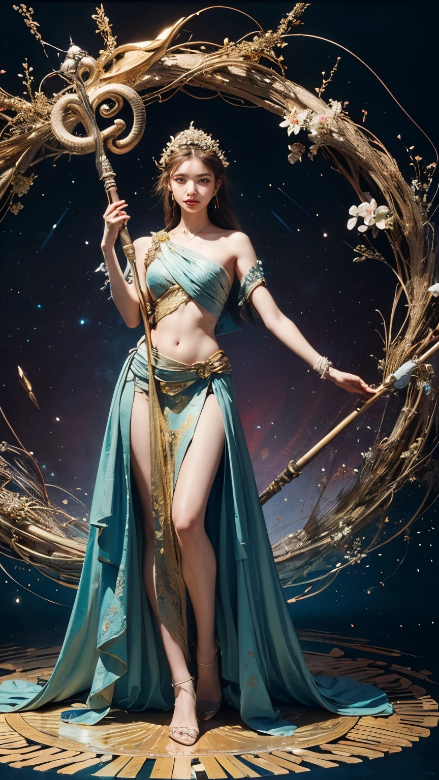 1girl, solo, light blue eyes, brown hair, holding a golden scepter, (HP: 1), running under the starry sky, full body, (official set: 1.5), dullyarts, dust background details, eye details, ore disease lesions \(Tomorrow's Ark\), (realism: 1.4), official art, unreal 8k wallpaper, super detailed, beautiful and aesthetic, masterpiece, best quality, (dynamic angle: 1.4), (floating colorful sparks: 1.2), elegant , bright colors, romanticism, medium breasts