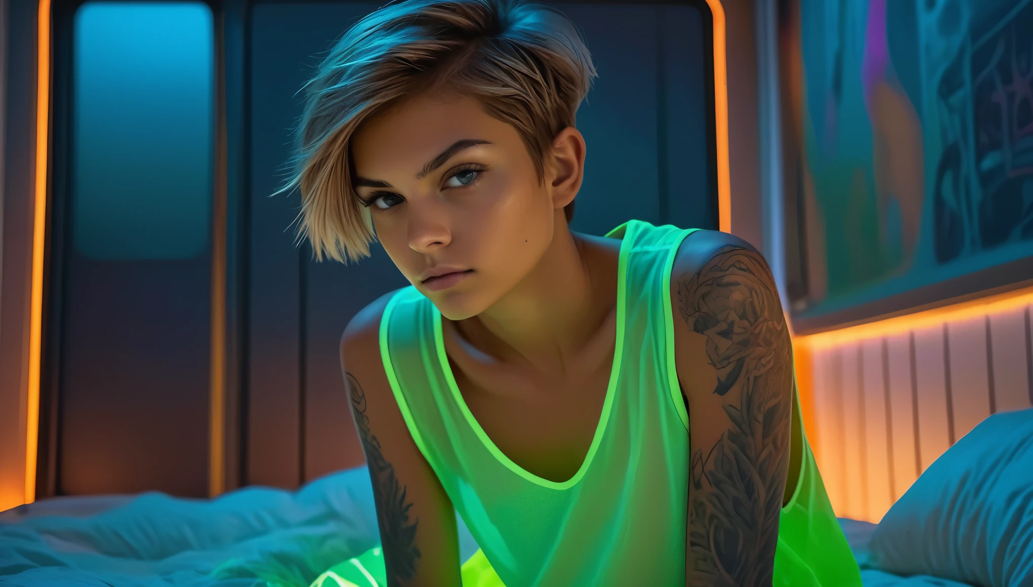 Top Quality, Masterpiece, High Resolution, 8k, wide objective, ((r)), (Tanned Skin Tone), ((girl in sheer silky oversized Tank shirt, side boob, wide neckline, deep neckline)), ((bare belly, small perky breasts, detailed face, detailed eyes, thin eyebrow, detailed lips, small hips, some tattoos)), (Tomboy Style, tomboyish), (randowm short hair style, straight hair, short pixie cut hair), (((in a spaceship on the bed, moody atmosphere, dim light, dramatic and neon colors, futuristic setting, intricate details, at night, random pose, neon colors))), full body view