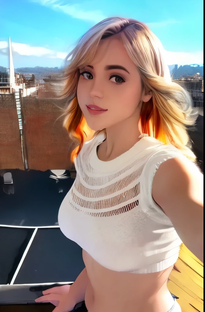 (Solo:1.3)), 1Girl, Best Quality, Realistic, Photorealistic, Best Quality, Masterpiece, Very Delicate and Beautiful, Very Detailed, (Selfie:1.2), Fine Detail, Ultra Detail, High Definition, Very Detailed, Realistic, Ultra High Definition, Best Quality, Ultra High Definition, (Real:1.4), High Quality Texture, Wearing White and Thin Summer Knit, On Rooftop, Bangs, Long Hair , afternoon light, spectacular sky and clouds