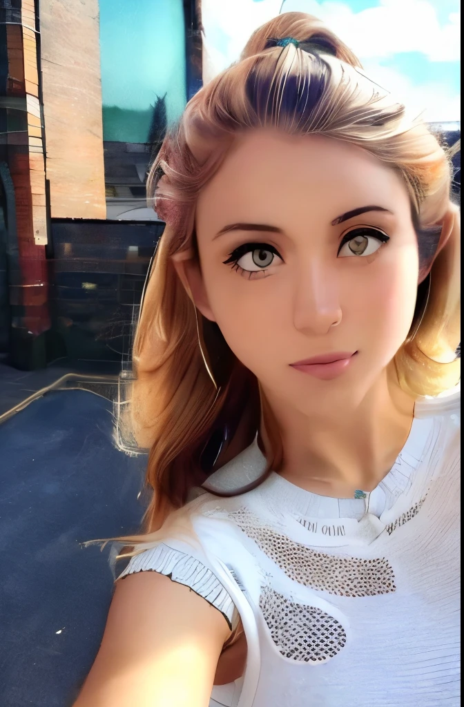 (Solo:1.3)), 1Girl, Best Quality, Realistic, Photorealistic, Best Quality, Masterpiece, Very Delicate and Beautiful, Very Detailed, (Selfie:1.2), Fine Detail, Ultra Detail, High Definition, Very Detailed, Realistic, Ultra High Definition, Best Quality, Ultra High Definition, (Real:1.4), High Quality Texture, Wearing White and Thin Summer Knit, On Rooftop, Bangs, Long Hair , afternoon light, spectacular sky and clouds