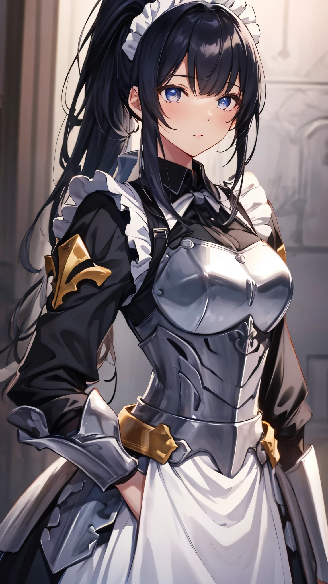 narberal gamma, black hair, high ponytail, long hair, slanted eyes, narrow eyes,
apron,(armor:1.3), black dress, dress, frills, long sleeves, maid, maid headdress, puffy sleeves, masterpiece,Noise Reduction,perfect anatomy,high resolution, ultra-detailed, ultra-detailed face,game cg,dutch angle ,beautiful detailed eyes,visualart,five fingers, perfect hands, perfect lighting, sparkling pupils,