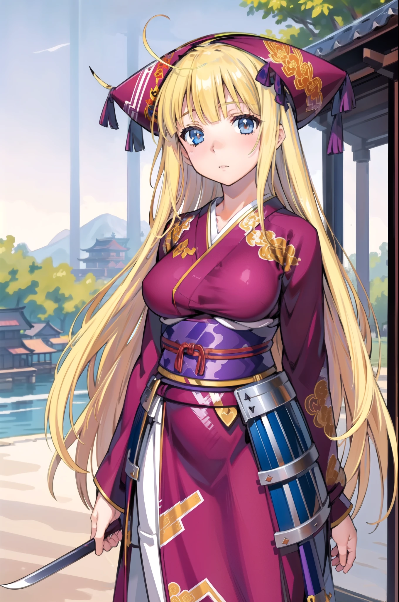 1girl, solo, masterpiece, best quality, highly detailed, illustration, rizna lanfbitt, outdoors, east asian architecture, standing, holding polearm, naginata, kimono, armor, hat, large breasts, ahoge, expressionless, 