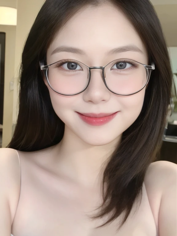 (Realistic、masterpiece、best quality、8K、high resolution、high resolution:1.3)、1 glasses girl、smile, red lips, Gigantic breasts、white bikini、pale white skin、looking at viewers、supene face and eyes、long hair、indoor、 upper body、