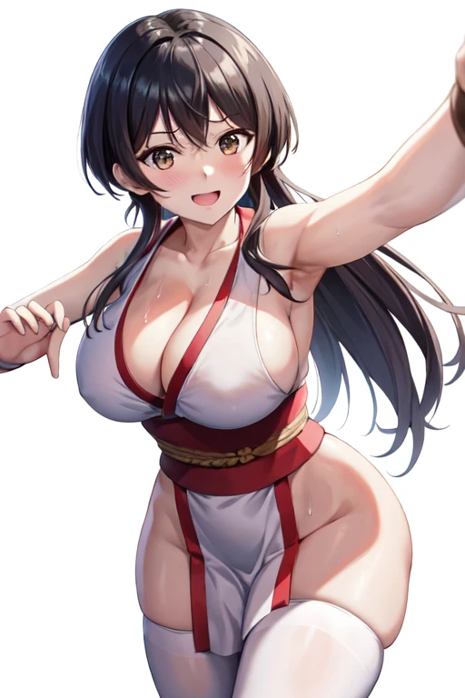 masterpiece, best quality, beautiful art, high resolution, well formed hands, body and fingers, 1 woman, solo, Akari  Watanabe ,adult, grown up, large and big breasted, cleavage,  full body, braided long hair, white_japanese_clothes, wearing DOA Kasumi's white kunoichi dress, sexy and skimpy japanese clothes, kimono peek, sleeveless, white stockings, gorgeous legs and thighs,fighting in a combat match, showing her fighting skills, making her guard, about to hit the viewer, looking at the viewer, close up on her bouncing breasts, sweating, exuding sensuality and allure, bouncing breasts, smiling joyfully and brightly, seductive face, being confident and proud, action and fighting scene, martial arts tournament on the beach fighting in a combat match, showing her fighting skills, making her guard, about to hit the viewer, looking at the viewer, close up on her bouncing breasts, sweating, exuding sensuality and allure, bouncing breasts, smiling joyfully and brightly, seductive face, being confident and proud, action and fighting scene, martial arts tournament on the beach
