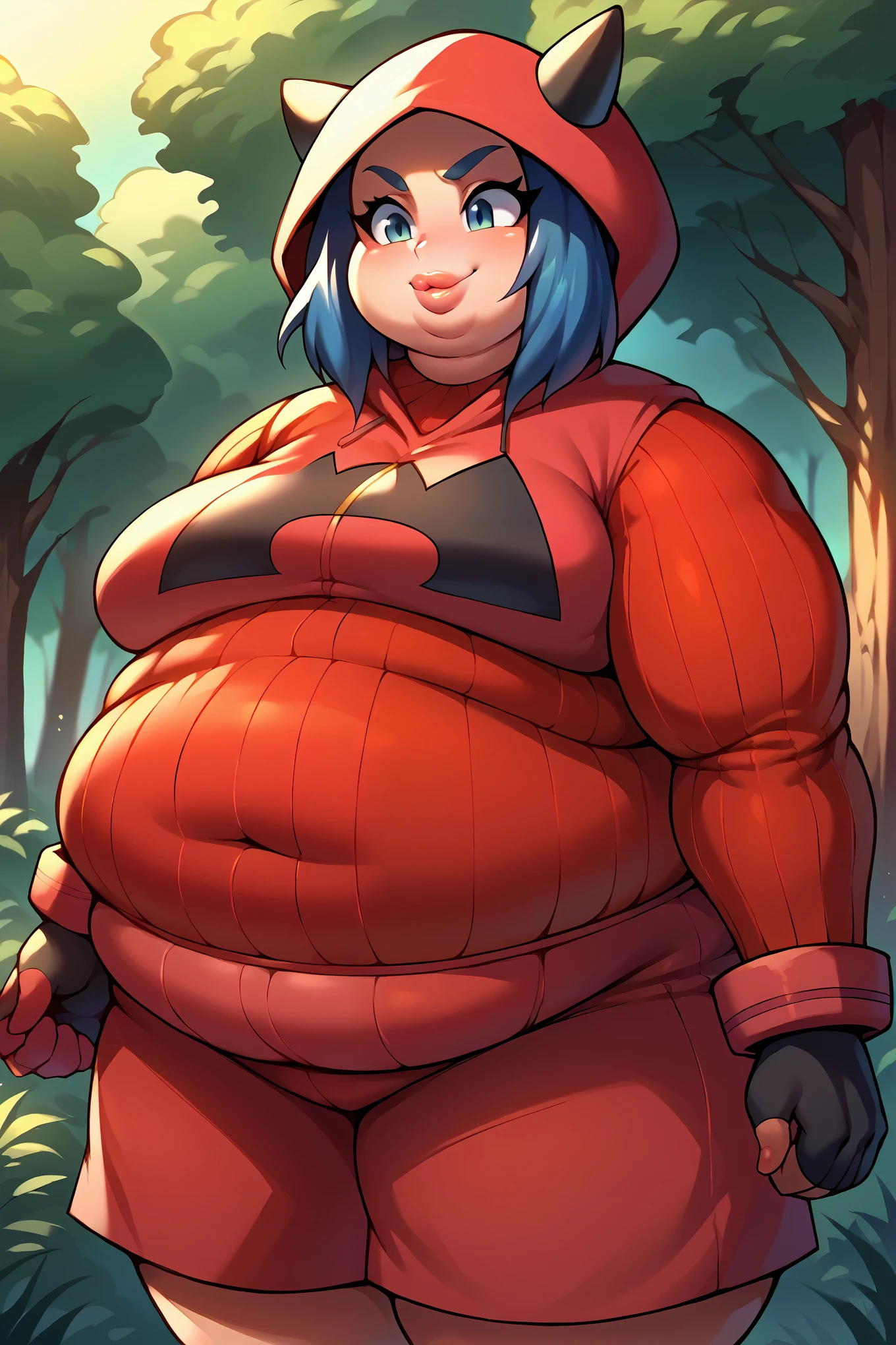 score_9, score_8_up, score_7_up, score_6_up, source_anime BREAK 1girl, pkmntmg, hood, blue hair, fake horns, red hoodie, turtleneck, ribbed sweater, red shorts, gloves, smile, Forest, fat, chubby, obese, big lips