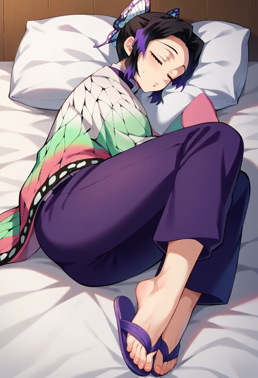 (Caucasian ethnicity)masterpiece, 4k, High quality, shinobu\(Kimetsu no yaiba\), Dressed in baggy purple pants, big pants, beautiful pants, At home, sleeping, sleep with the smell of your feet, He sleeps in his bed on his back, legs and arms open, spread out on the bed, lying down, very tender and cute, fainted, sweating, sniffing her flip flop, Enjoying-their-mom-s-stinky-feet-and-flip-flops-black flops, obsessed with her cute and tender feet