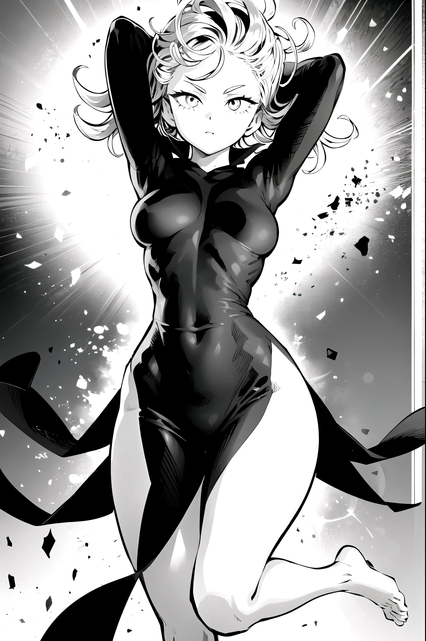 iom, 1girl, solo, looking at viewer, short hair, long sleeves, dress, monochrome, greyscale, huge breasts, barefoot, wide hips, arms up, covered navel, floating hair, side slit, floating, curly hair, telekinesis