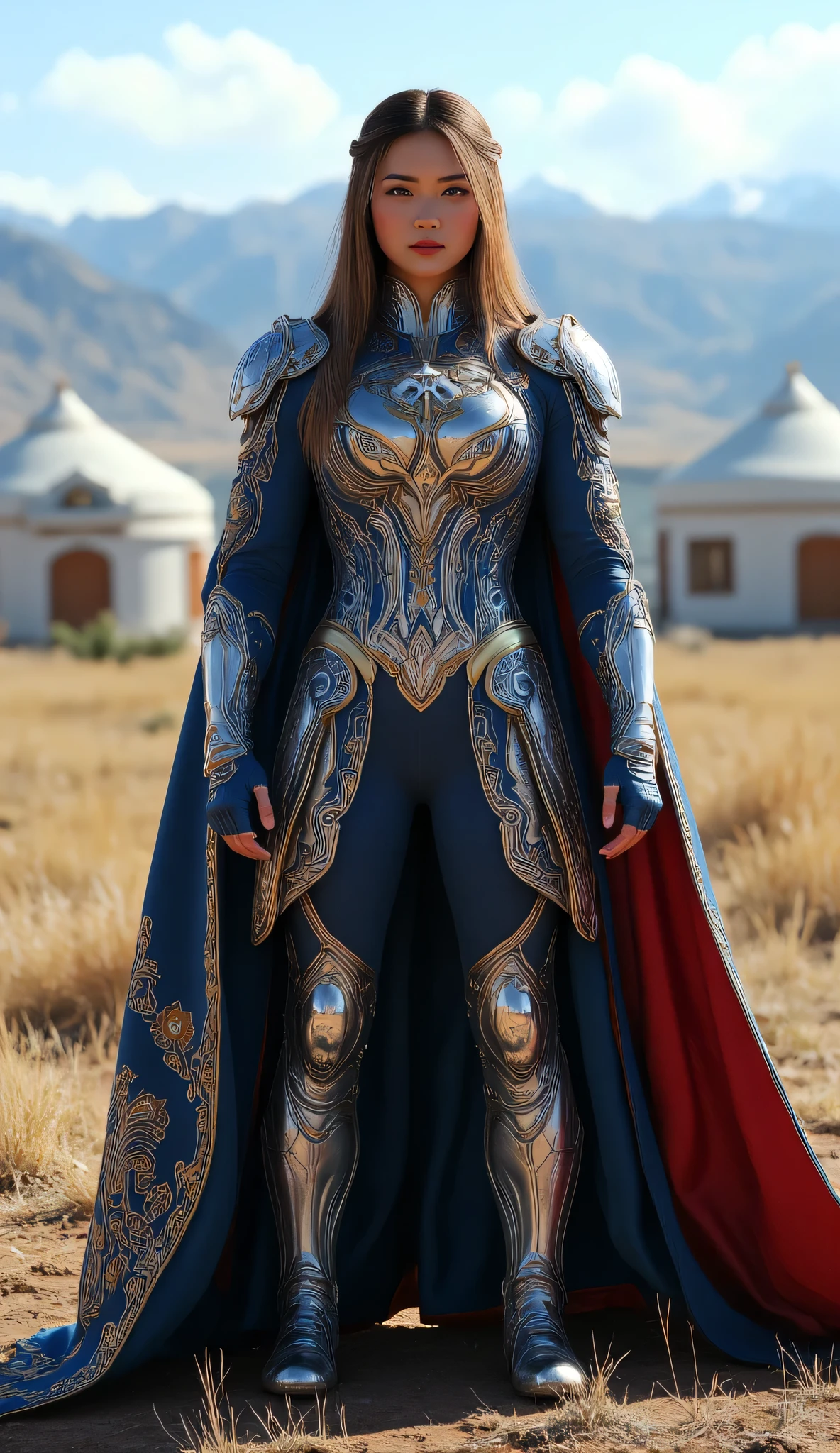 "Create a wide-shot of a realistic superhero inspired by the culture, mythology, and colors of Kazakhstan. The superhero’s costume merges elements reminiscent of iconic DC characters with a modern, tactical, and technologically advanced design. The outfit is adorned with traditional Kazakh motifs, such as intricate ornamental patterns and symbols from nomadic heritage, seamlessly blended with sleek, armor-like materials that bridge tradition and futuristic style. The costume's primary colors are deep blue, gold, and white, symbolizing the nation’s cultural identity, with silver accents that add a high-tech edge. The superhero stands in a powerful pose, with a backdrop that combines a futuristic cityscape with the vast Kazakh steppes, traditional yurts, and snow-capped mountains in the distance. The lighting highlights the fine details of the outfit, showcasing strength, cultural pride, and a connection to ancient myths alongside advanced technology. The scene evokes a sense of power, heritage, and innovation."