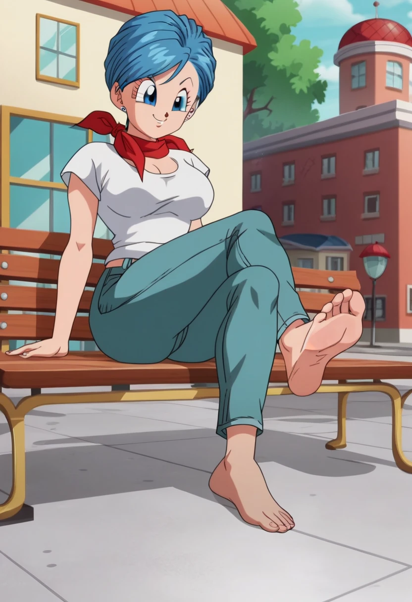 source_animé, puntaje_9, puntaje_8_arriba, puntaje_7_arriba, animé screencap,8k, absurdo res, Bulma, 1 girl, solo, blue hair, short sleeves, white t shirt, neckline, barefoot, soles, feet, toes, feet focus, sitting on bench, floor, building, outdoors, big breasts, wide hips, seductive smile, seductive look, jeans pants, feet up, red cloth on the neck