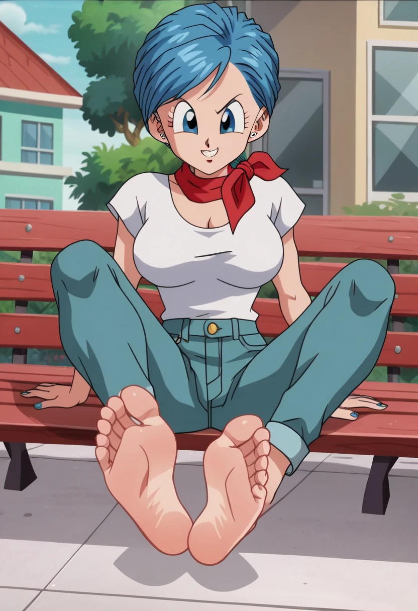 source_animé, puntaje_9, puntaje_8_arriba, puntaje_7_arriba, animé screencap,8k, absurdo res, Bulma, 1 girl, solo, blue hair, short sleeves, white t shirt, neckline, barefoot, soles, feet, toes, feet focus, sitting on bench, floor, building, outdoors, big breasts, wide hips, seductive smile, seductive look, jeans pants, feet up, red cloth on the neck