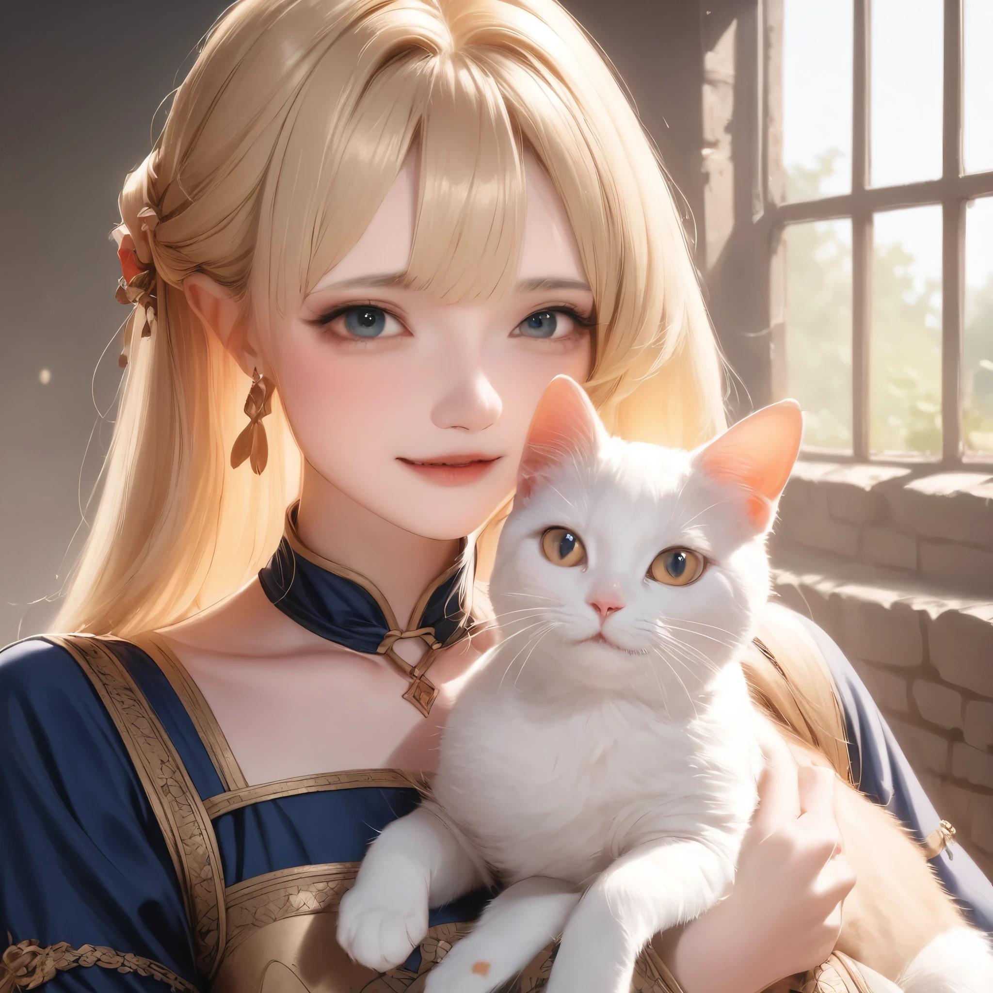 Exotic dark style，2D Screen，Beautiful image of royal sister，Abstinence，a sense of atmosphere，Lazily lying on the throne，Holding a confused lamb in his arms，Contempt for those who look down on him。Long blonde hair，Paired with a pair of pitch-black corners，Wearing a black and red robe，Holding Erlang's legs，perfectly proportions，Tilt view，PBR Texture、post-proces、Anisotropy Filtering、depth of fields、maximum definition and sharpness、Many-Layer Textures、Albedo e mapas Speculares、Surface coloring