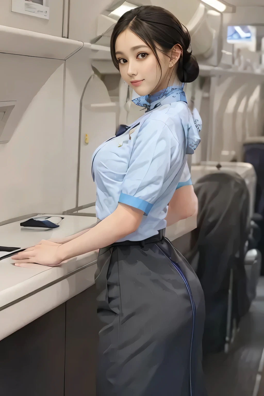 (masterpiece:1.2, Best Quality:1.2), 32K HDR, High resolution, (Alone、1 girl)、(on board、Professional Lighting)、In-flight background、(ANA flight attendant uniform blueを着たリアルスタイル)、((ANA flight attendant uniform blue short sleeve blouse 、 ANA flight attendant uniform blue skirt with blue line on the back、Scarf around the neck))、Dark brown hair、(Long Hair、Hair tied up、Hair tied up)、Dark brown hair、Long Shot、Big Breasts、Thin legs、((Great hands:2.0)),((Harmonious body proportions:1.5)),((Normal limbs:2.0)),((Normal finger:2.0)),((Delicate eyes:2.0)),((Normal eyes:2.0)))、smile、(ANA flight attendant uniform blueを見せた美しい後ろ姿)、Hands down