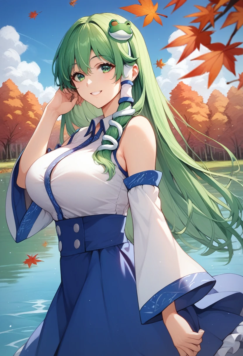 (master piece), (best quality), (8k), (ultra high resolution), (highest quality), (anime style), (best writing), (beautiful face), (masterpiece), (highest quality), (detailed beautiful face and eyes), (textile shading), (cowboy shot), (lake), (autumn leaves), 1girl, solo, kochiya sanae, 1girl, green hair, long hair, green eyes, frog hair ornament, hair tubes, snake hair ornament, collared shirt, white shirt, detached sleeves, wide sleeves, blue skirt, frilled skirt, large breasts, beautiful breasts, smile, hand in own hair, from side,,