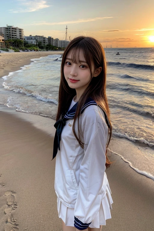 Idol-like Japanese women ,Long Hair ,Straight hair, Round face ,Bust Up , Sailor suit , As shown in the picture , Golden sand beach at sunset