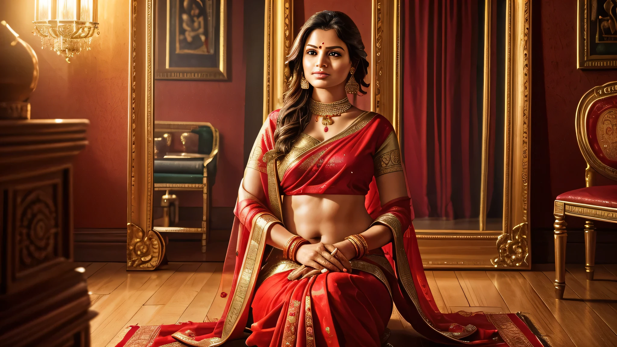 A beautifully decorated traditional Indian room, a woman sitting in front of a mirror adorned in a stunning red sari, detailed face features, long flowing hair, elegant pose, intricate sari patterns, ornate mirror frame, traditional Indian decor elements, vibrant colors, warm lighting, photorealistic, 8k, (best quality,4k,8k,highres,masterpiece:1.2),ultra-detailed,(realistic,photorealistic,photo-realistic:1.37),HDR,UHD,studio lighting,ultra-fine painting,sharp focus,physically-based rendering,extreme detail description,professional,vivid colors,bokeh,interior,portrait