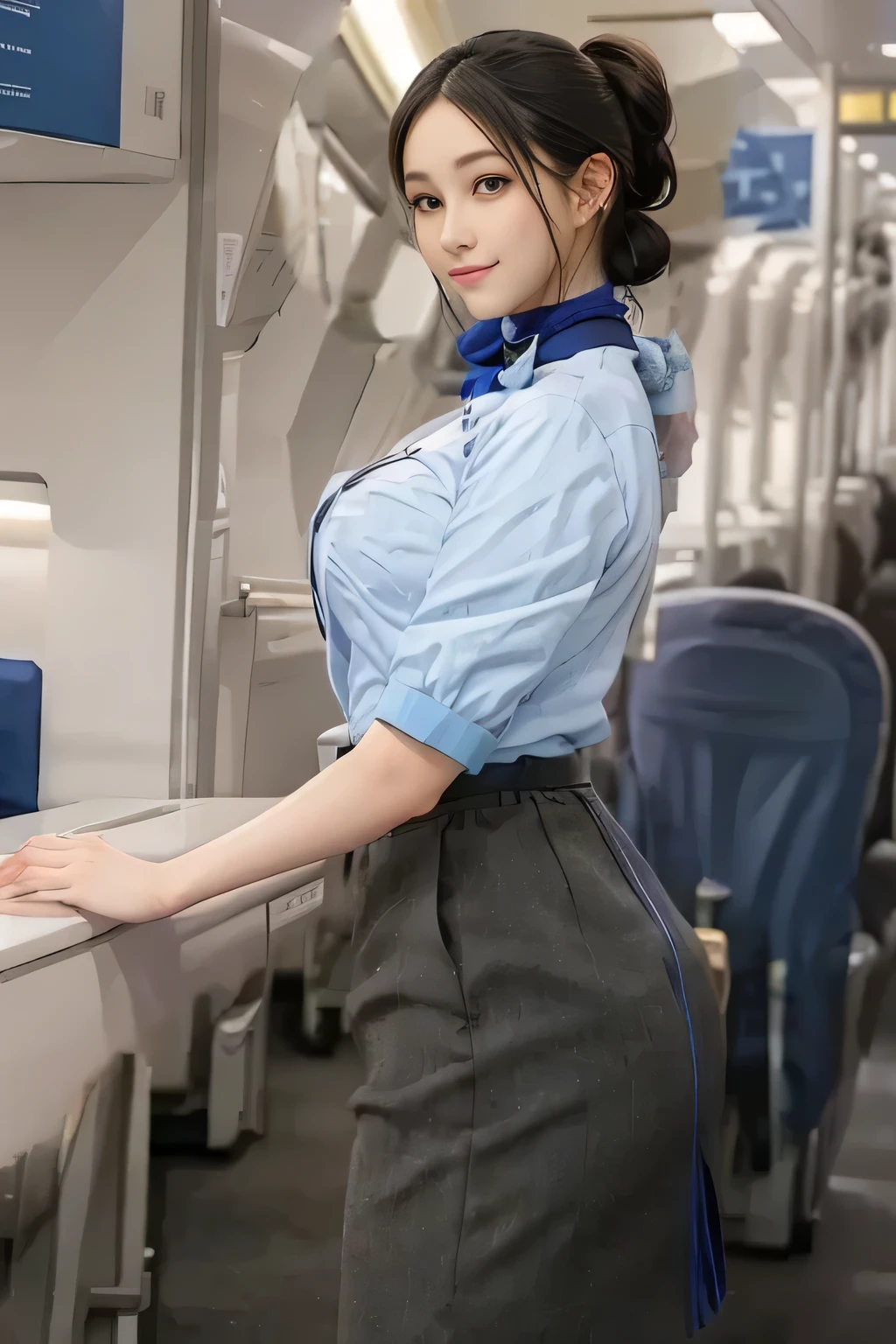 (masterpiece:1.2, Best Quality:1.2), 32K HDR, High resolution, (Alone、1 girl)、(on board、Professional Lighting)、In-flight background、(ANA flight attendant uniform blueを着たリアルスタイル)、((ANA flight attendant uniform blue short sleeve blouse 、 ANA flight attendant uniform blue skirt with blue line on the back、Scarf around the neck))、Dark brown hair、(Long Hair、Hair tied up、Hair tied up)、Dark brown hair、Long Shot、Big Breasts、Thin legs、Blue Eyes、((Great hands:2.0)),((Harmonious body proportions:1.5)),((Normal limbs:2.0)),((Normal finger:2.0)),((Delicate eyes:2.0)),((Normal eyes:2.0)))、smile、(ANA flight attendant uniform blueを見せた美しい後ろ姿)、Hands down