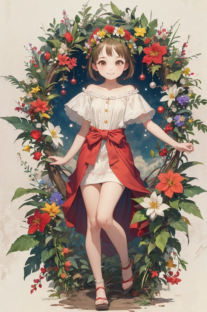 (masterpiece、Best Quality、super high quality、Beautiful and beautiful:1.2)、(good anatomy:1.5)、3DXR full body shot、Drawing of a super cute kid with short straight hair、one piece、Smile、Looking at the camera、Flowers and leaves on the head、Christmas Wreath