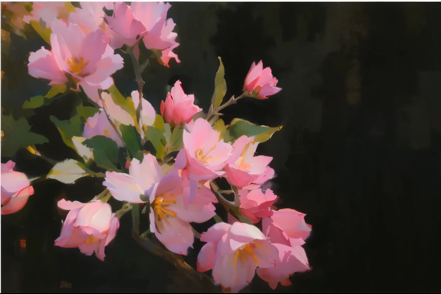 Peach blossoms in full bloom, plum bossom, 印象派的Oil painting style，Floral still life，Gives a feeling of relaxation and healing，Simplified shapes and bright colors，
（Oil painting style，Oil painting brush strokes：1.4）Create a modern romantic style，Use big blocks of color and clean lines to express summer elements，masterpiece，HD，8K，Ultrafine - Sunshine，Simple background