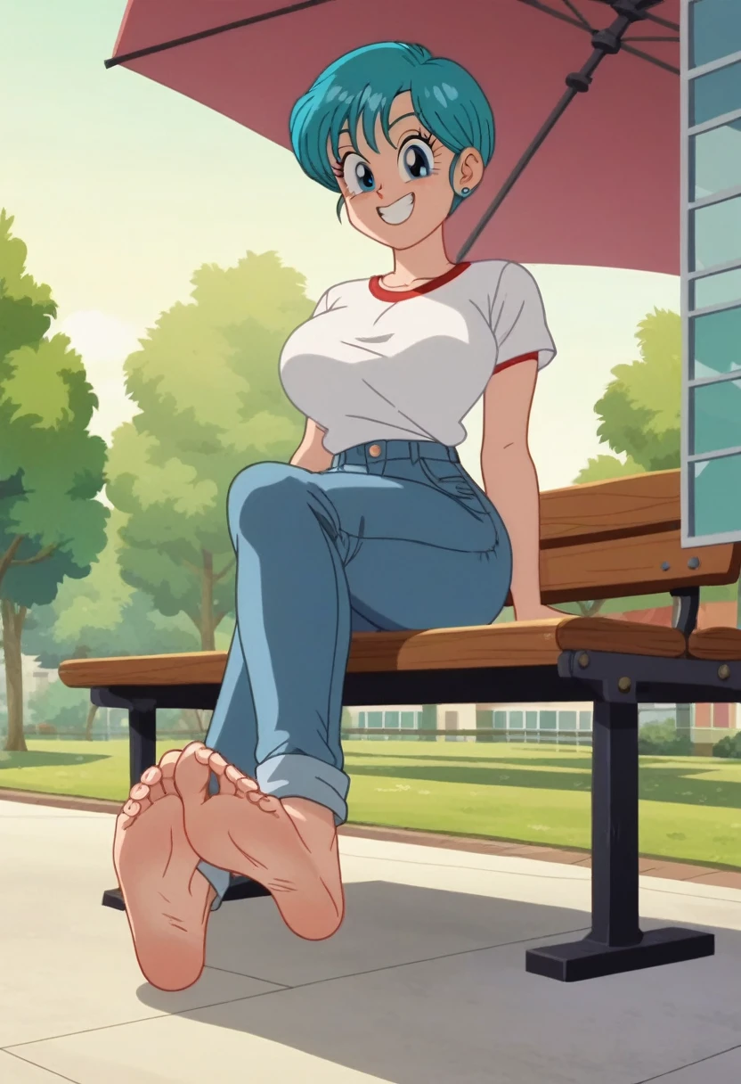 source_animé, puntaje_9, puntaje_8_arriba, puntaje_7_arriba, animé screencap,8k, absurdo res, Bulma, 1 girl, solo, blue hair, short sleeves, white t shirt, neckline, barefoot, soles, feet, toes, feet focus, sitting on bench, floor, building, outdoors, big breasts, wide hips, seductive smile, seductive look, jeans pants, from below, red cloth on the neck